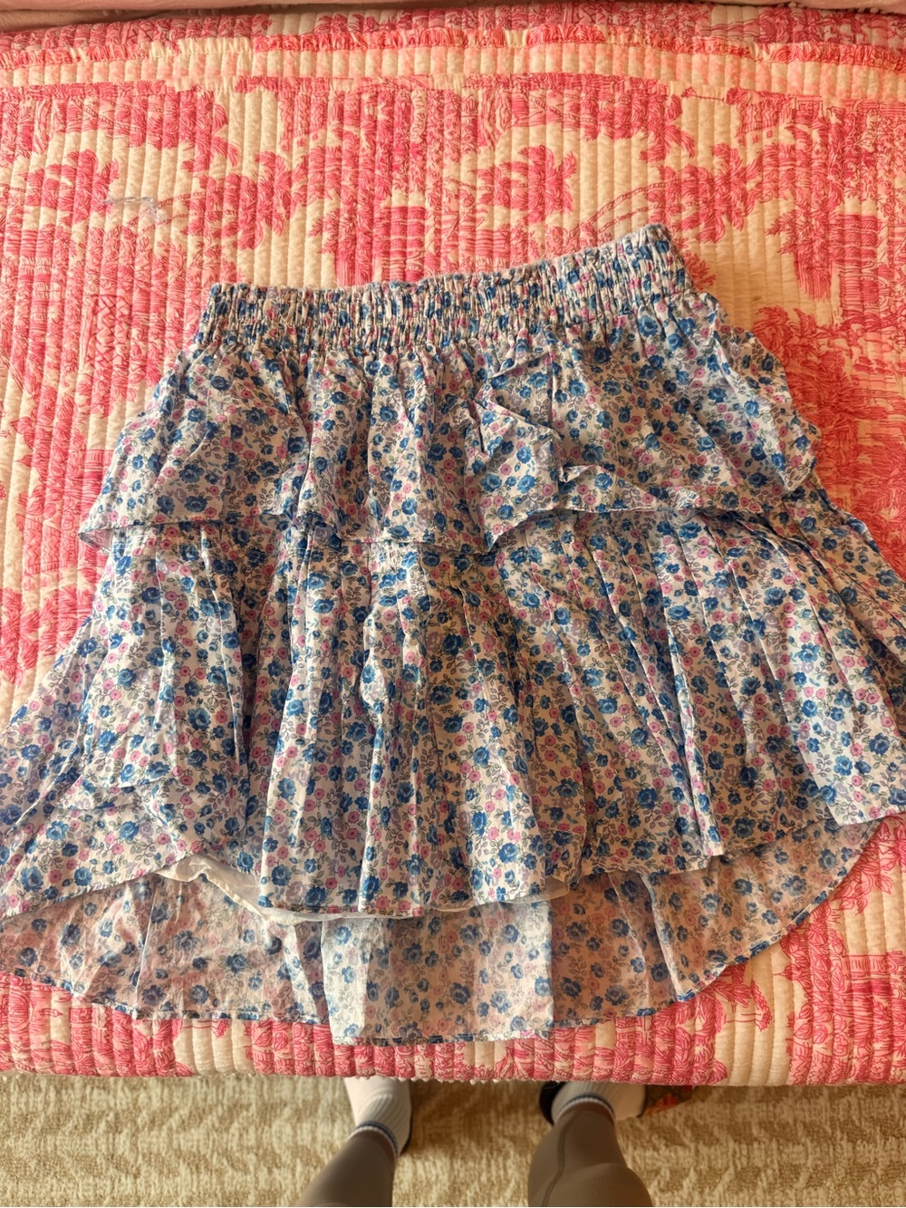 LoveShackFancy Blue Floral High-Low Tiered Skirt
